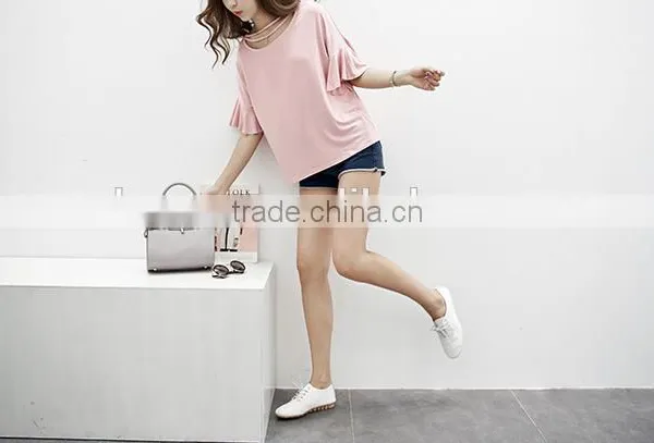 Summer 2017 Han Edition Round Neckline Necklace Lotus Leaf Sleeve Loose Pure Color Short Sleeve T-shirt Bertha photo-4