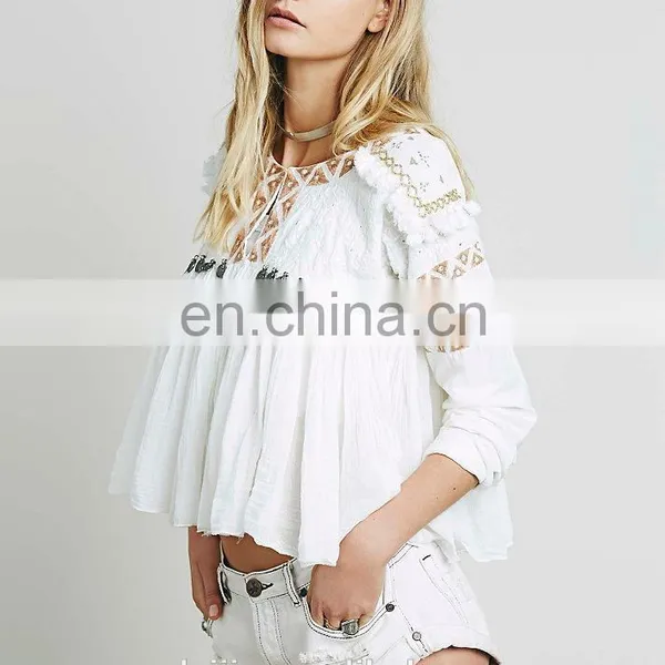High Quality White Embroidery Tops for Lady,fashion Babydoll Blouse Designs photo-2