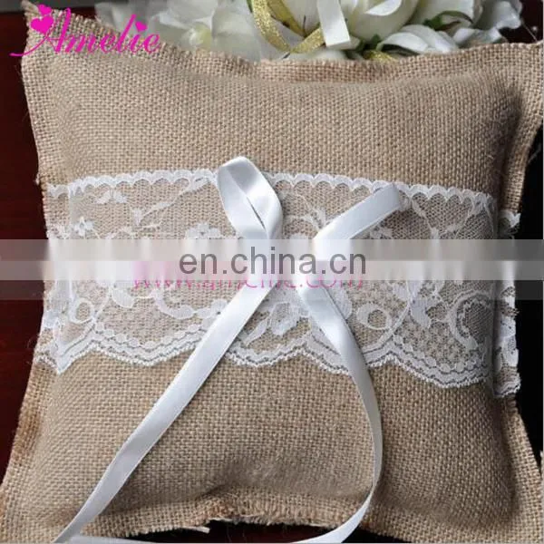 Linen With Lace Decoarted Wedding Ring Holder Pillow Set photo-2