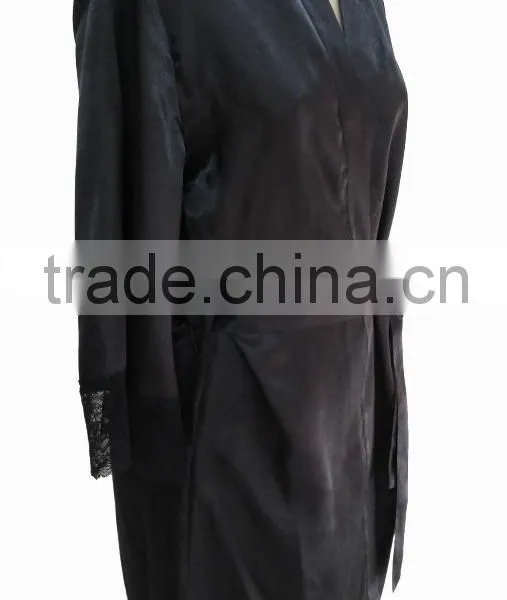 Comfortable Women Black Satin Lace Robe photo-4