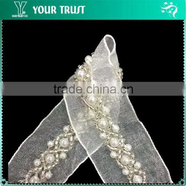 Cross Line Transparent Bugle White Pearls White Organza Trimming photo-6