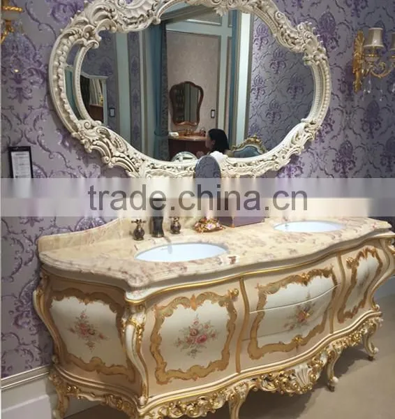 Elegant Floral Painting Bathroom Vanity With Double Sink, Carved Wooden Sanitary Ware Furniture Bathroom Cabinet With Marble Top photo-2