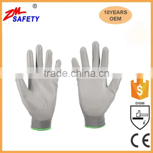Cheap Grey Lightweight Palm Coated Safety PU Glove With 13Gauge Machine Knit Nylon Polyester Shell photo-2