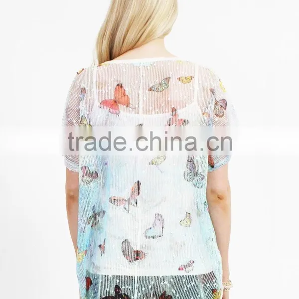 Bule Butterfly Print Woman Top,2016 New Design Top,lady Blouse photo-3