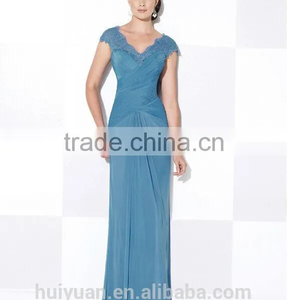 Elegant Chiffon Lace Cap Sleeve Deep v Neck Mother Dress Prom Dress Patterns photo-2