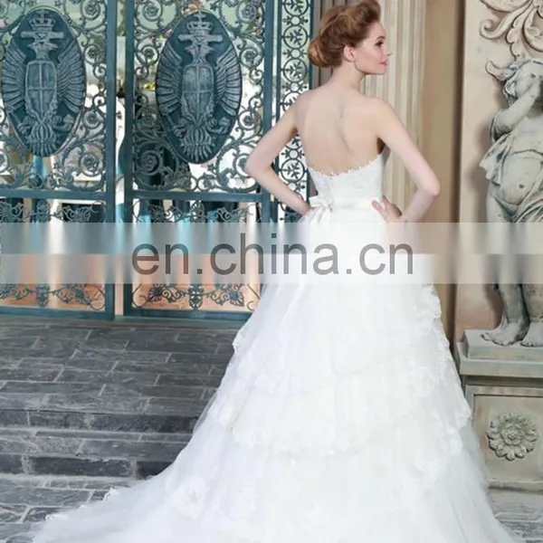 ED Strapless A-line Bow Belt Lace Applique Organza Wedding Dress photo-4