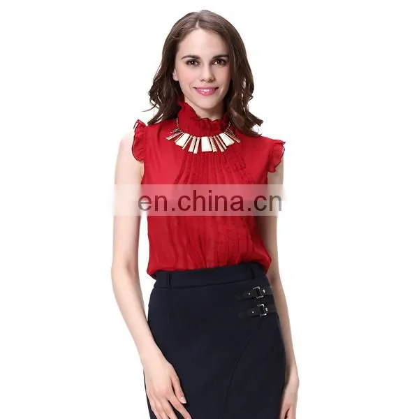 Dark Red Sleeveless Front Pleated Cape Collar Chiffon Blouse And Shirt Tops photo-4