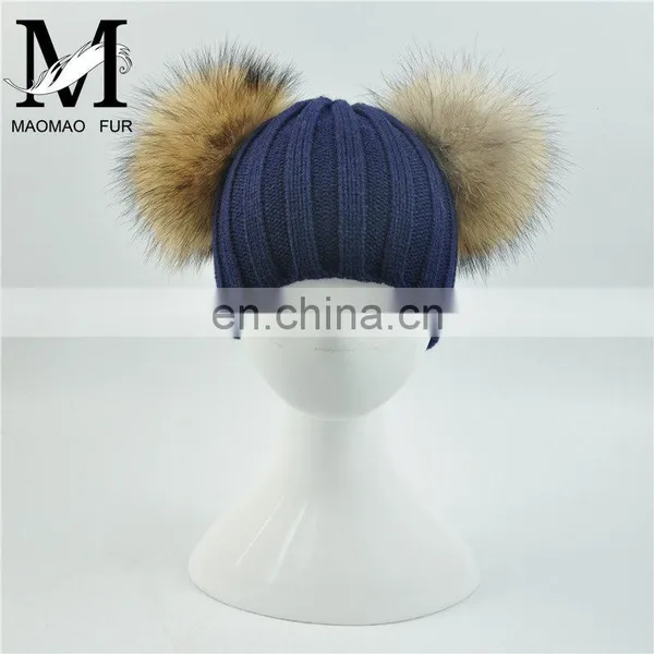 Wholesale Fashion Cheap Kids Knitted Hats Real Fur Two Poms Kids Hat Winter photo-3