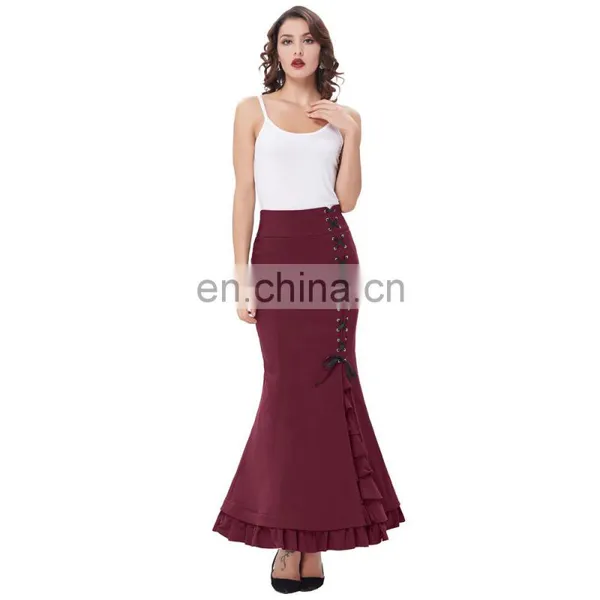Belle Poque Womens High Stretchy Nylon-Cotton Vintage Retro Ruffled Fishtail Mermaid Victorian Style Wine Long Skirt BP000203-3 photo-2