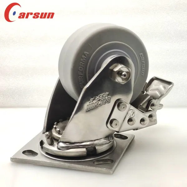 Carsun Stainless Steel Heavy Duty Caster Wheels 4-Inch Thermoplastic Rubber TPR Wheels Industrial Swivel Caster With Brakes photo-4