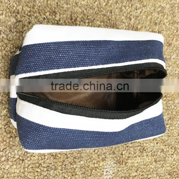 Block Stripe Cotton Canvas Zipper Make up Bag Small Pouch Case photo-5