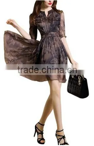 Women's V-Neck Vintage Flower Printed A-Line Casual Chiffon Dress photo-6