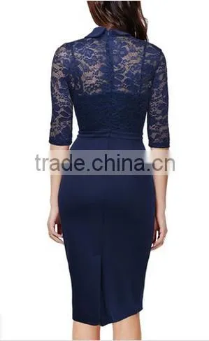 Women's Vintage Polo Neck Floral Lace Half Sleeve Casual Slim Dress photo-2