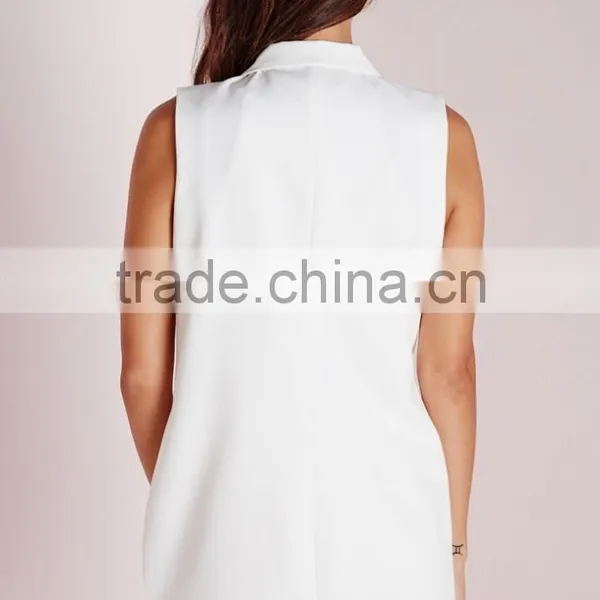 Women Fancy White Sleeveless Double Breasted Slim Fit Blazer photo-4