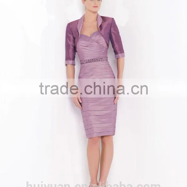 New Style Knee Length Satin Beaded Long Sleeve Cocktail Dresses photo-2