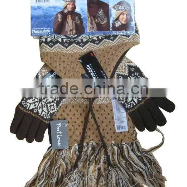 Various Design Jacquard Fashion Winter Knitted Scarf Hat Glove Sets photo-3