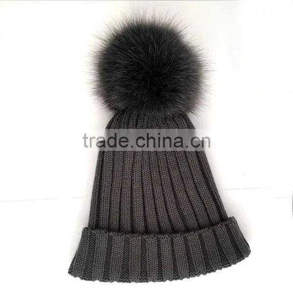 Myfur Dark Grey Knitting Hat for Adults With Real Fox Fur Pompom photo-5