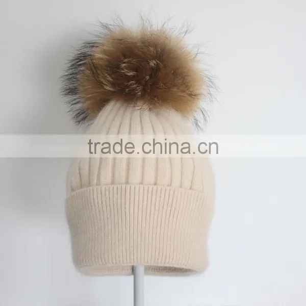Myfur Wholesale Classic Beige Angola Rabbit Custom Knitted Pom Beanie Hat With Fur Pom photo-4