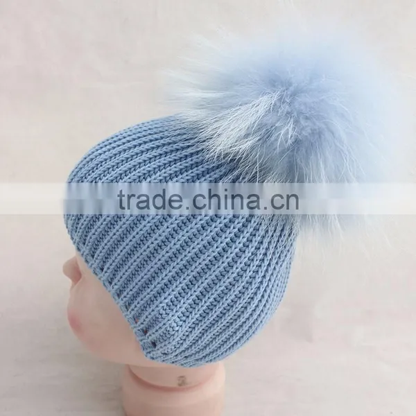 Myfur China Factory Customized Winter Knit Hat for Babies With Real Raccoon Fur Ball Top photo-5