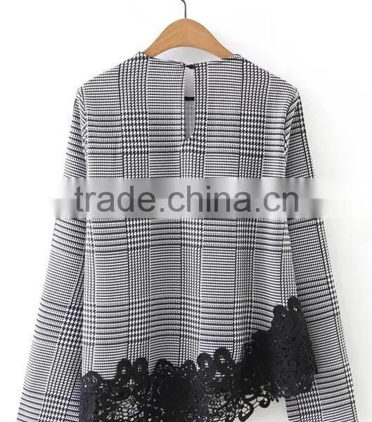 Runwaylover EY2378B Ladies 2017 Fashion Lace Splice Plaid Blouse photo-6