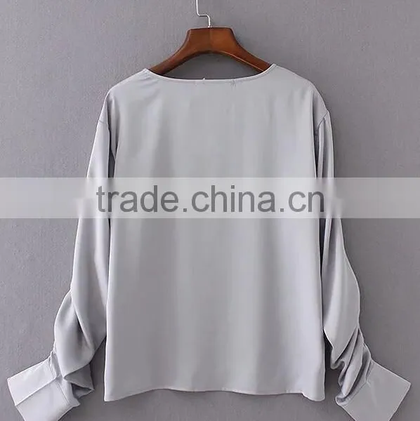 Runwaylover EY2335B Women Fold Sleeve Pure Color Blouse 2017 photo-3