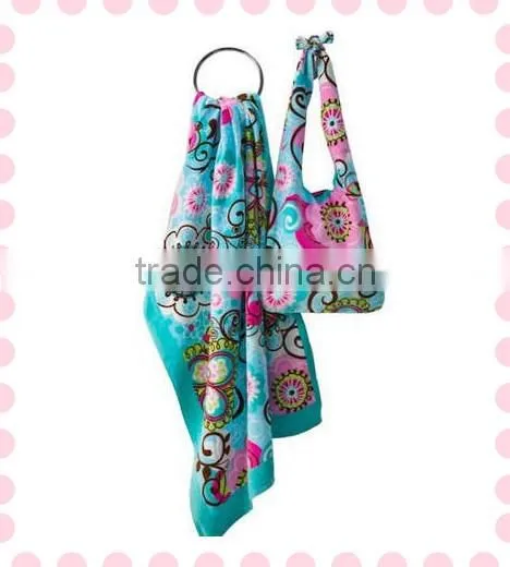 100% Cotton Reactive Printed Folding Beach Towel Tote Bag