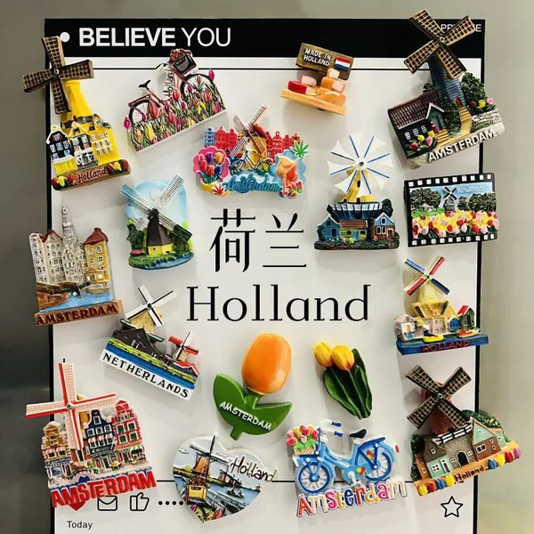 Wholesale Price Personalized Tourist Netherlands Amsterdam Rotterdam Clogs Windmill Tulips Custom 3D Resin Souvenir Fridge Magnets Maker