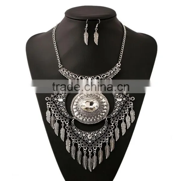 Turkish Jewelry Set Ethnic Antique Silver Choker Necklace With Tassel Leaf Pendant photo-2