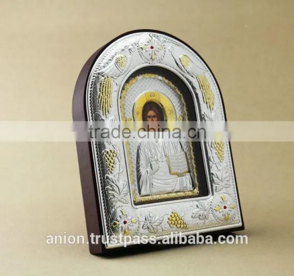 Greek & Russian Orthodox Big Wooden Icon. Christ Pantocrator. Silver Edging photo-5