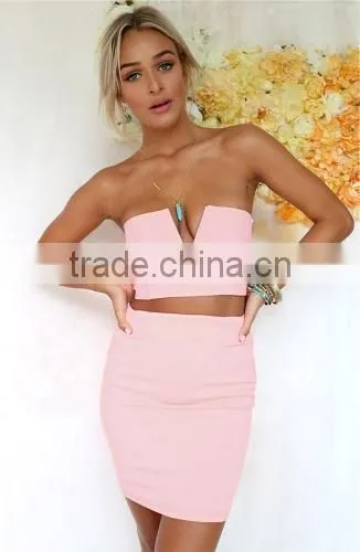 Sexy Women Solid Strapless V-Neck Crop Tops High Waist Slim Pencil Mini Dress Two Piece Set photo-5