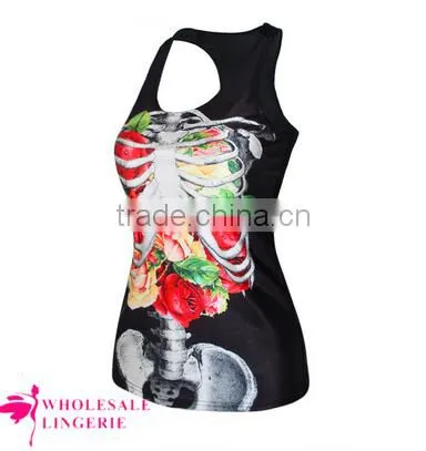 Wholesale Black Cool Womens 3D Flower Skeleton Printed Tank Top BX147 photo-2