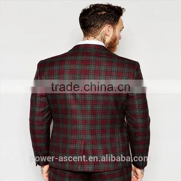2016 Men's Red Tartan Check Slim Fit Suit Jacket photo-2
