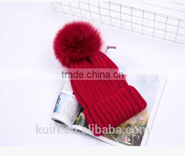 Factory Supply 14cm Fox Fur Ball Cap Pom Poms Winter Hat for Women Girl 's Wool Hat Knitted Cotton Beanies Cap Brand New Design photo-6