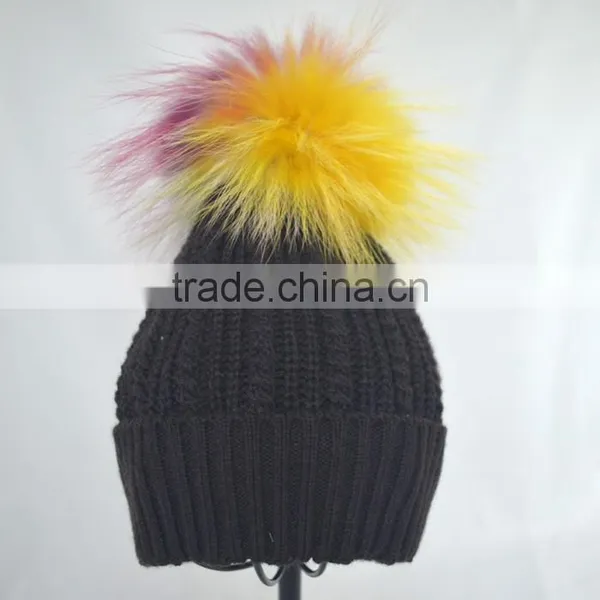 Myfur Black Color Unisex Winter Woolen Beanie With Fur Pompom Top photo-4