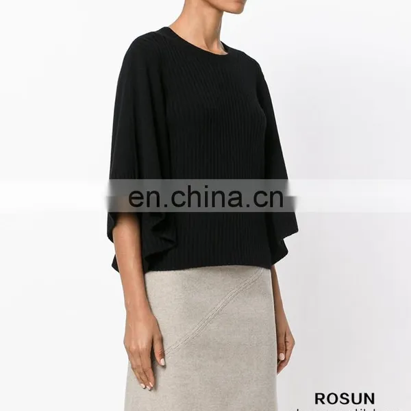 Women Crew Neck Cashmere Bat Sleeves Knitted Ribbed Top photo-5
