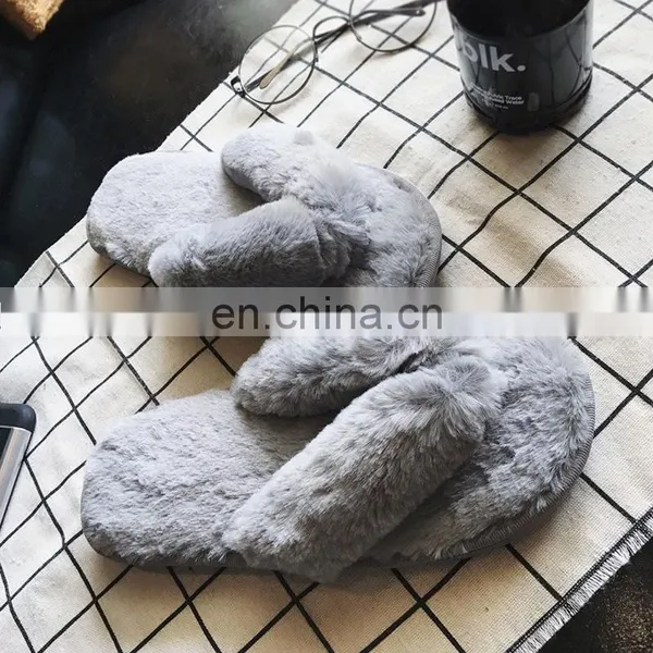 Wholesale Comfortable Soft Solid Colors Fashionable Sandals Fur Slides Rabbit Fur Furry Slippers for Women photo-3