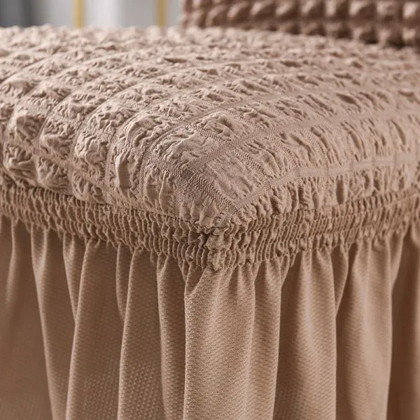 Stretch Seersucker Dining Chair Covers Chair Slipcovers With Ruffled Skirt Light Brown photo-3