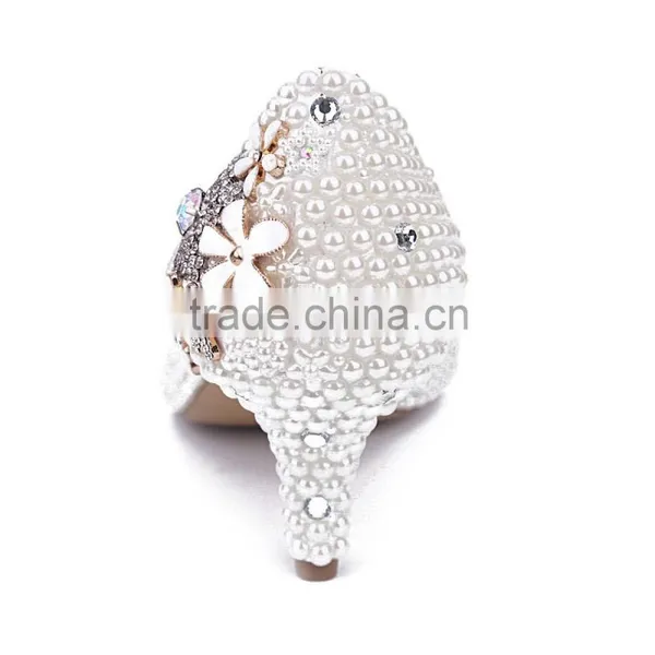 Pearl Beaded Pointed Toe Low Heels Diamond&flower Embelished Oem Designer Heels Women Wedding Dress Shoes photo-6