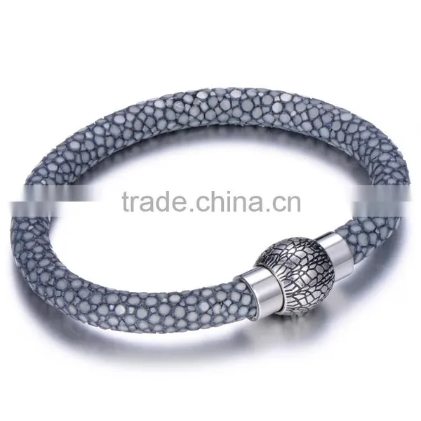 Bio Magnetic Bracelet Unisex Genuine Grey Stingray Cord Leather Bracelet Bangle Stainless Steel Charm Jewelry 2017 for Men Women photo-2