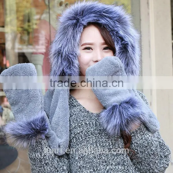 High Quality Hot Sales Type Women Hat Winter Soft With Long Scarf Mittens Ski Attached Gloves Faux Fur Hood photo-2