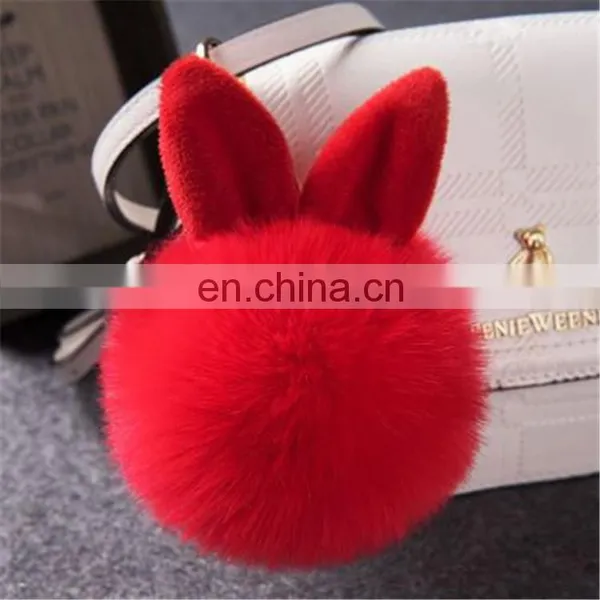 Cute Rabbit Ear Factory Rabbit/Fox Fur Pom Pom Fluffy Ball Bobble Keychain With Strap and Metal Buckle Key Ring photo-2