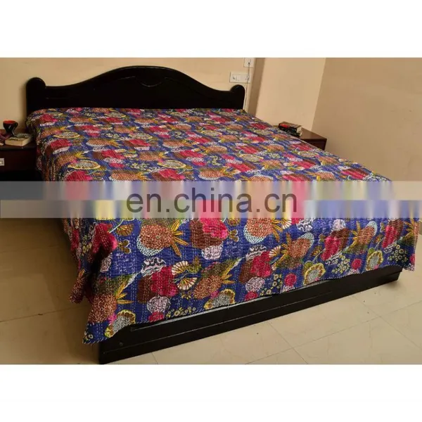 Fruit Print Kantha Quilt Indian Tropical Kantha Bed Cover Queen Size Blue Tropicana Bed Sheet photo-2