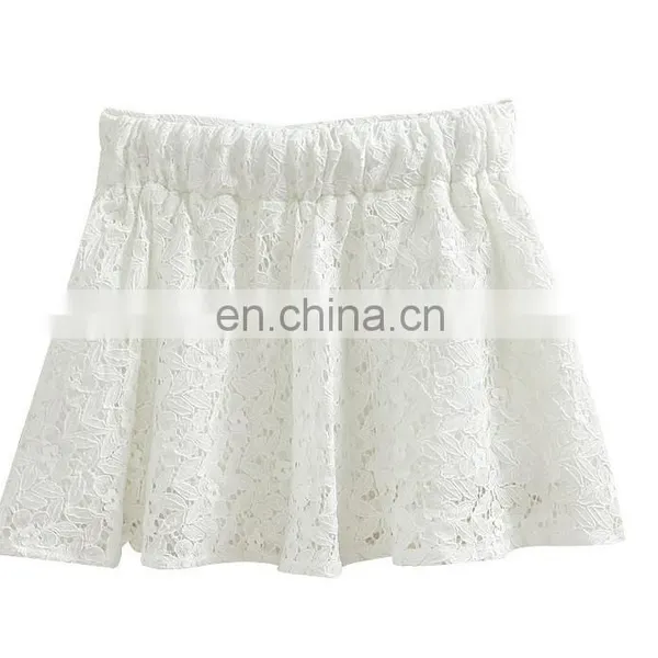 Lady Fashion High Elasthan Waisbank White Lace Pleated Mini Skirt photo-2
