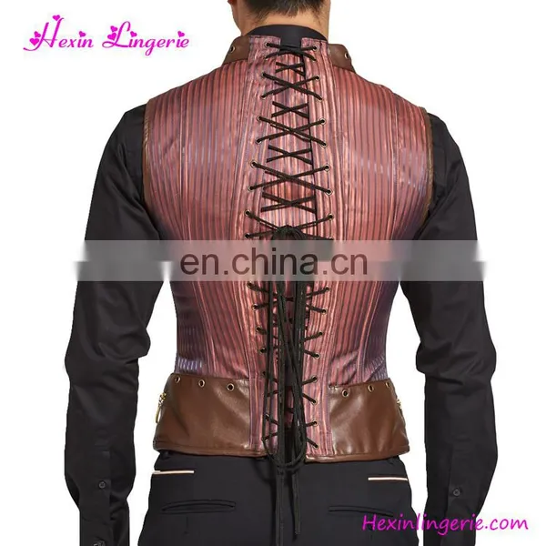 Fashionable Brown 8 Steel Boned Mens Zipper Two Pockets Locking Corset Wholesale photo-3