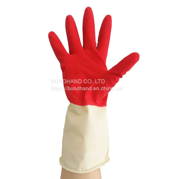 Red and White Bio Color Latex Household Gloves Unlined Cleaning Gloves Without Flocklined