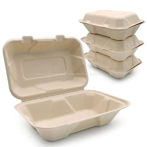 900ml Discount Customized Clamshell Takeaway Food Box Taper Biodegradable Bagasse Clamshell Boxs