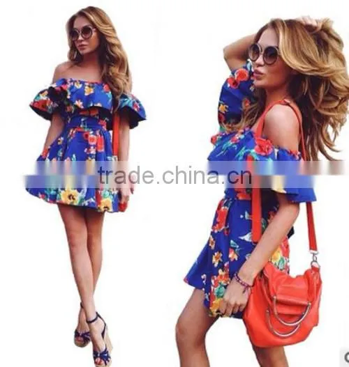 Sexy Shoulders a Word Only Beautiful Ruffled Printed Strap Dress Fashion Dress