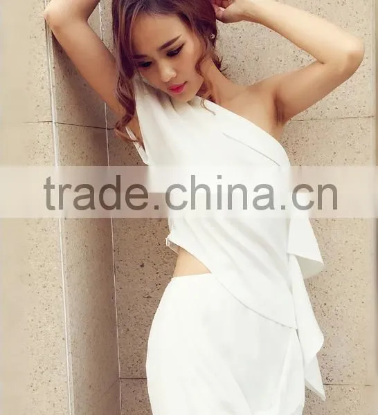 Newest Fashion White Ladies Summer Thailand One Side Shoulder Tops Blouses Formal Asymmetric Dress for Women Girls photo-2