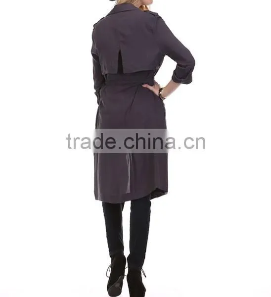 Fashion Modern Apparel Women Trendy Turkey 3/4 Sleeve Plain Spring Winter Coat Charcoal Sheer Trench Long Coat photo-4