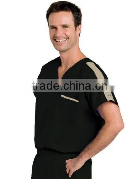 Men's V-Neck Medical Scrub Top With Contrast Stripe on Shoulder and Pocket photo-2
